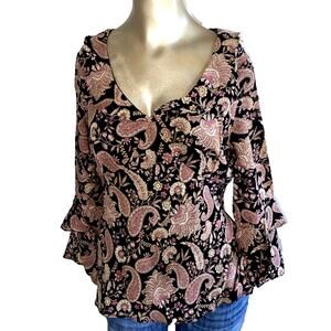 Positive Attitude Vintage Women Size MP Black Pink Paisley Blouse Ruffles